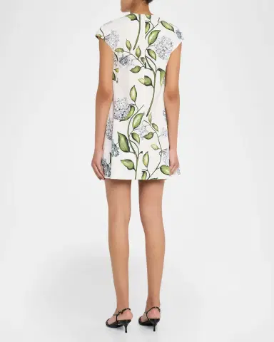 Oscar de la Renta Short-Sleeve Porcelain Flowers Embroidered Midi Dress | Thumbnail 3 Oscar de la Renta Short-Sleeve Porcelain Flowers Embroidered Midi Dress | Thumbnail 3