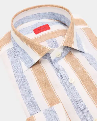 Isaia Men's Linen Wide Stripe Dress Shirt | Thumbnail 2