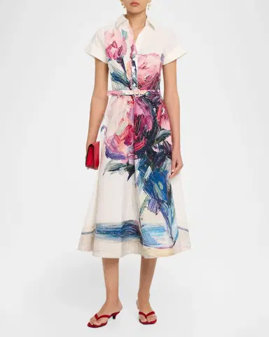Rickie Freeman for Teri Jon Cotton Floral Short-Sleeve Shirtwaist Dress | Thumbnail 2
