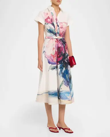 Rickie Freeman for Teri Jon Cotton Floral Short-Sleeve Shirtwaist Dress | Thumbnail 4