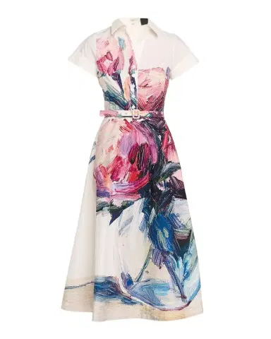 Rickie Freeman for Teri Jon Cotton Floral Short-Sleeve Shirtwaist Dress | Thumbnail 1
