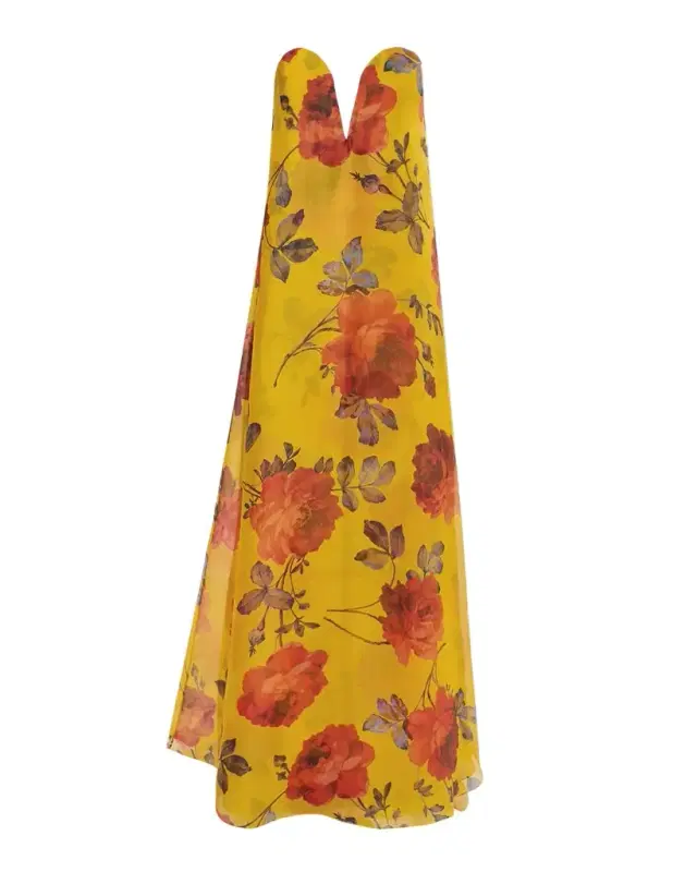 Plunging Strapless Rosette-Print Silk Chiffon Gown