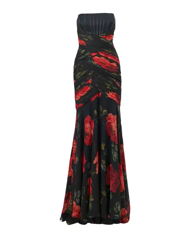 Floral Chiffon Strapless Corset Gown