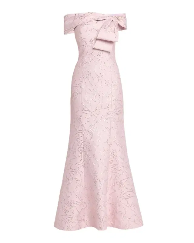 Rickie Freeman for Teri Jon Metallic Jacquard Off-Shoulder Column Gown