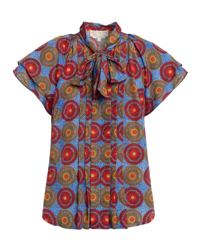 Pleated Cotton Voile Short-Sleeve Blouse