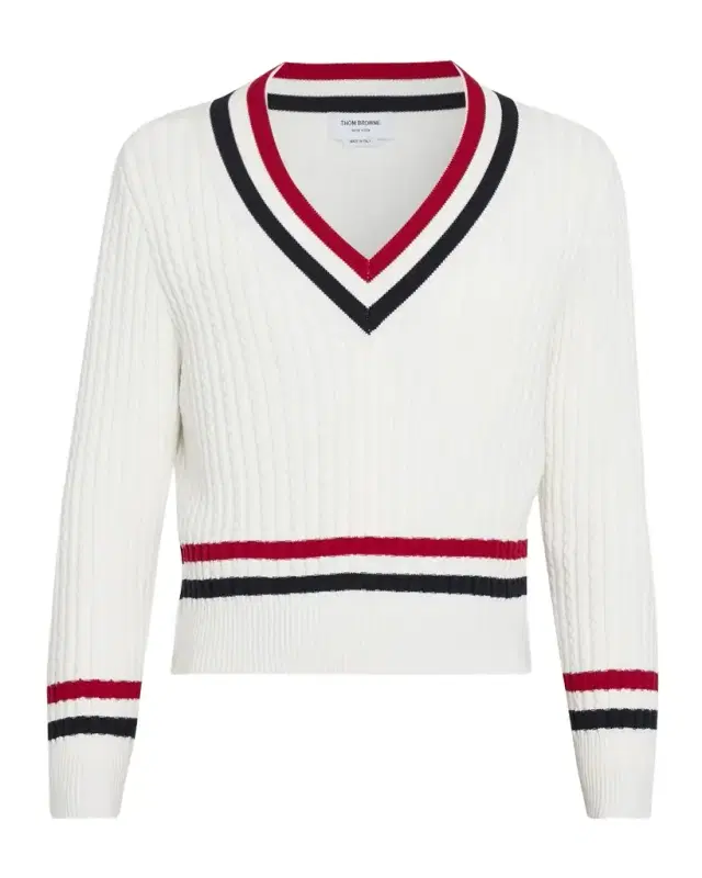 Men 's Cotton Cable Knit Stripe-Trim V-Neck Sweater