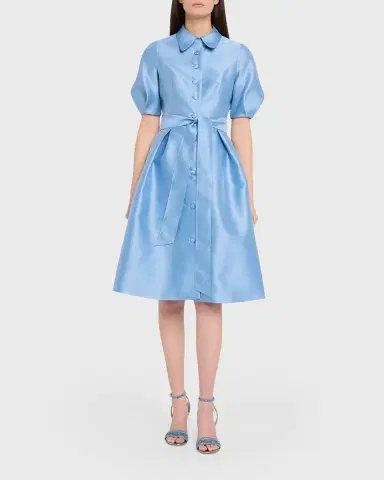 Rickie Freeman for Teri Jon Puff-Sleeve Pique Faille Shirtdress | Thumbnail 2