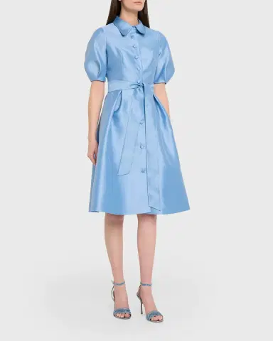 Rickie Freeman for Teri Jon Puff-Sleeve Pique Faille Shirtdress | Thumbnail 4