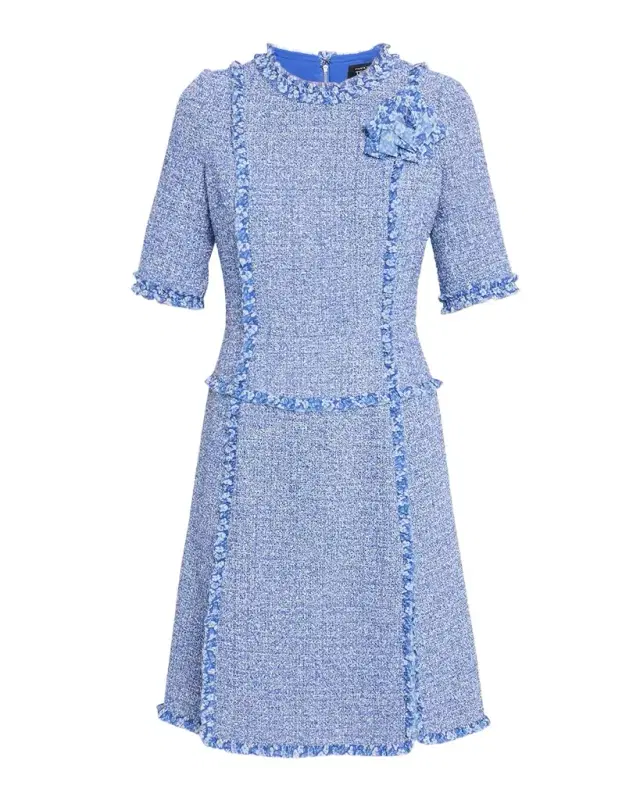 Rickie Freeman for Teri Jon Frayed-Trim Woven Tweed Dress