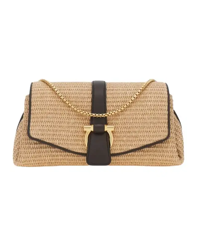 Ferragamo Leather-Trim Raffia Crossbody Bag