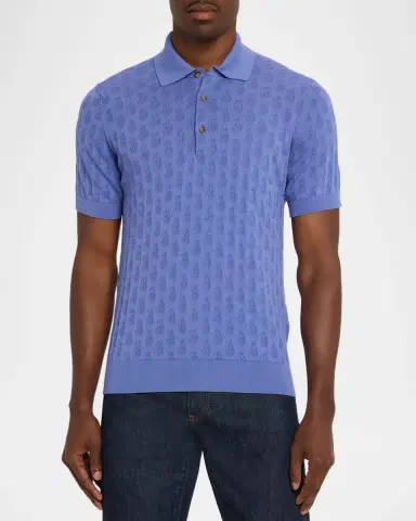 Etro Men's Micro Paisley Cotton Knit Polo Shirt | Thumbnail 4 Etro Men's Micro Paisley Cotton Knit Polo Shirt | Thumbnail 4