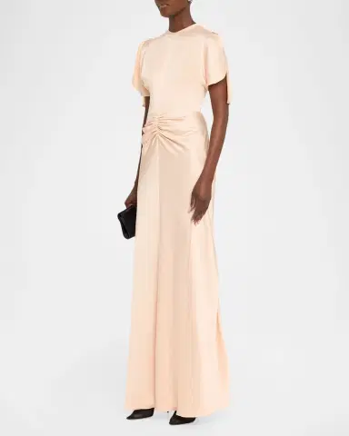 Victoria Beckham Gathered Waist Flutter-Sleeve Satin Gown | Thumbnail 4 Victoria Beckham Gathered Waist Flutter-Sleeve Satin Gown | Thumbnail 4