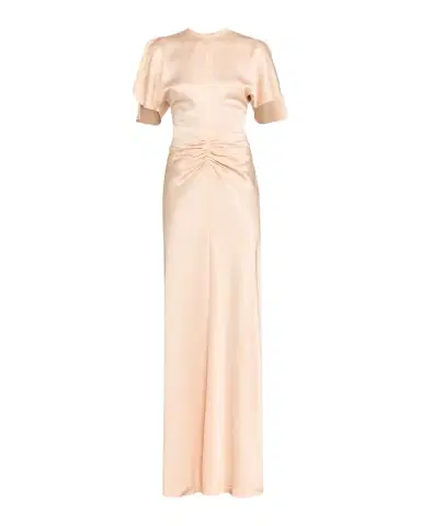 Victoria Beckham Gathered Waist Flutter-Sleeve Satin Gown | Thumbnail 1 Victoria Beckham Gathered Waist Flutter-Sleeve Satin Gown | Thumbnail 1