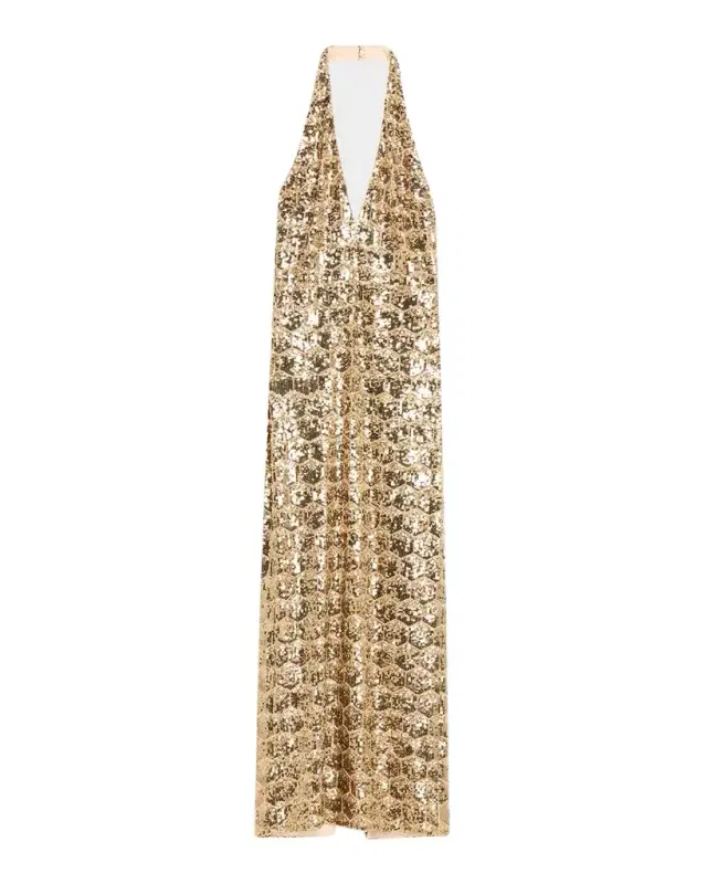 Shauna Backless Geometric Sequin Halter Gown