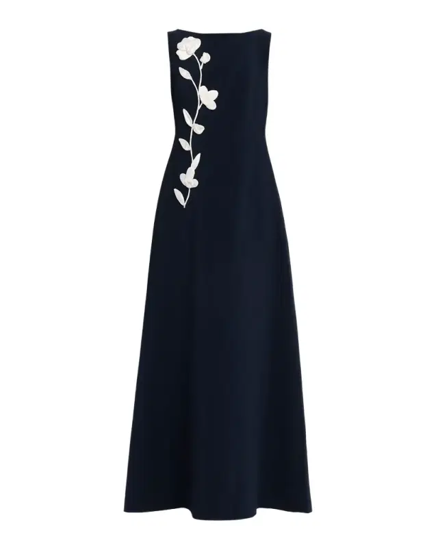 Sachin & Babi Bateau-Neck Floral Applique Gown