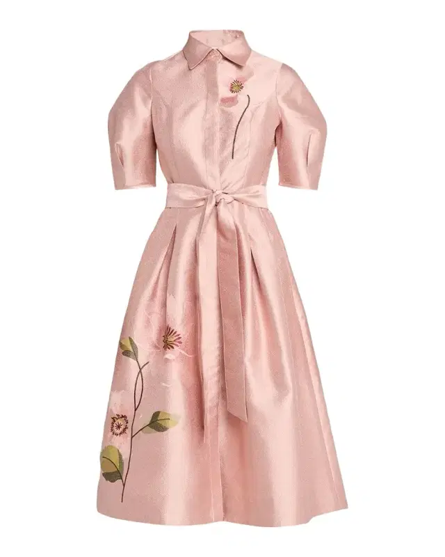 Rickie Freeman for Teri Jon Floral-Embroidered Shimmer Jacquard Midi Shirtdress