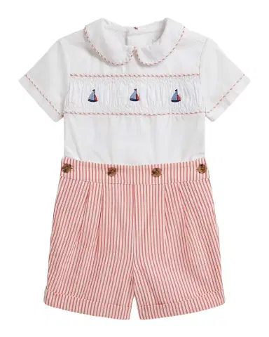 Polo Ralph Lauren Boy 's Smocked Cotton Shirt & Striped Shorts, Size 3M-24M | Thumbnail 1 Polo Ralph Lauren Boy 's Smocked Cotton Shirt & Striped Shorts, Size 3M-24M | Thumbnail 1