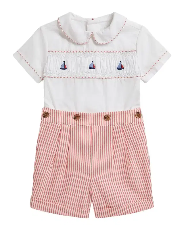 Boy 's Smocked Cotton Shirt & Striped Shorts, Size 3M-24M