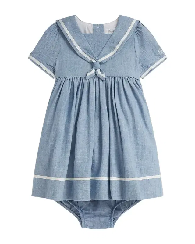 Girl 's Chambray Sailor Dress & Bloomers Set, Size 3M-24M