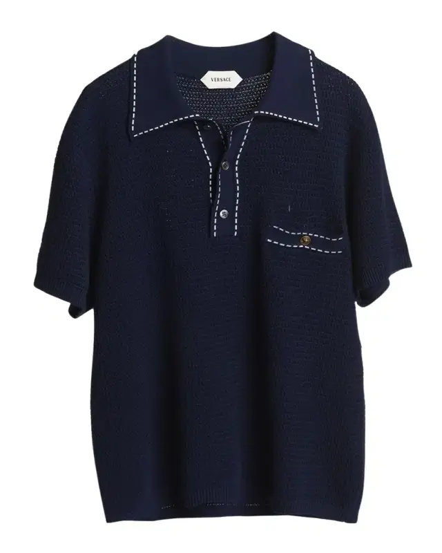 Versace Men 's Cotton Knit Polo Shirt with Contrast Stitching
