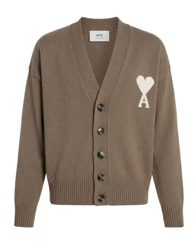 Ami Paris Men 's Intarsia Ami De Coeur Wool and Cotton Knit Cardigan