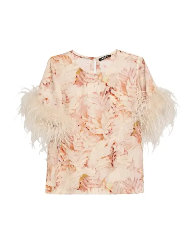 Ungaro Logan Feather-Cuff Floral-Print Blouse