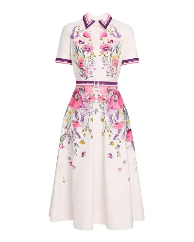 Rickie Freeman for Teri Jon Belted Floral-Print Cotton Midi Shirtdress