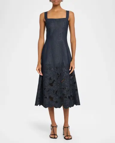 Veronica Beard Rosaura Floral-Embroidered Denim Midi Dress | Thumbnail 2
