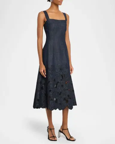 Veronica Beard Rosaura Floral-Embroidered Denim Midi Dress | Thumbnail 4