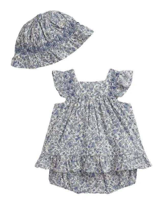 Girl 's Floral Cotton Dress, Bloomers & Hat Set, Size 6M-24M