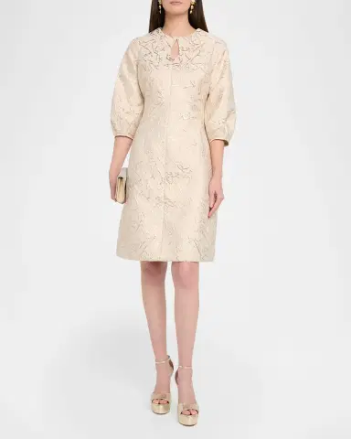 Rickie Freeman for Teri Jon Cutout Puff-Sleeve Metallic Jacquard Dress | Thumbnail 2