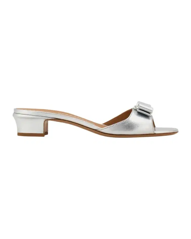 Ferragamo Vanilla Metallic Leather Bow Mules
