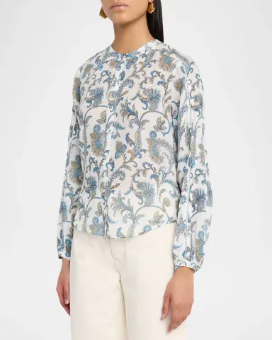 Veronica Beard Soleil Paisley-Print Ramie Blouse | Thumbnail 4