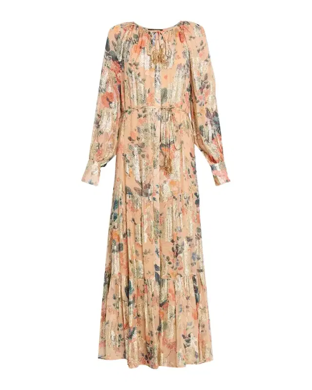 Xandra Tiered Metallic Floral-Print Maxi Dress