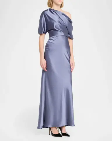 Amsale Draped Satin One-Shoulder Gown | Thumbnail 4