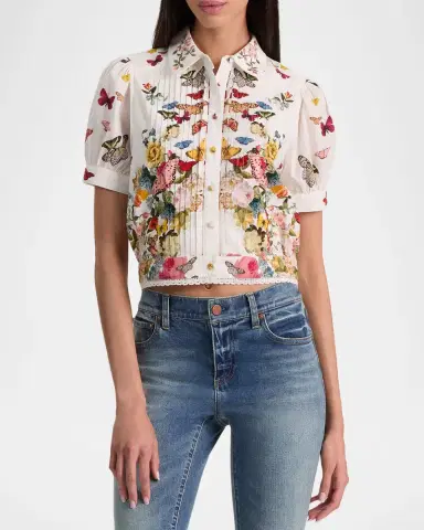 ALICE + OLIVIA Rosie Embroidered Puff-Sleeve Shirt | Thumbnail 4