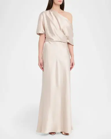 Amsale Draped Satin One-Shoulder Gown | Thumbnail 4