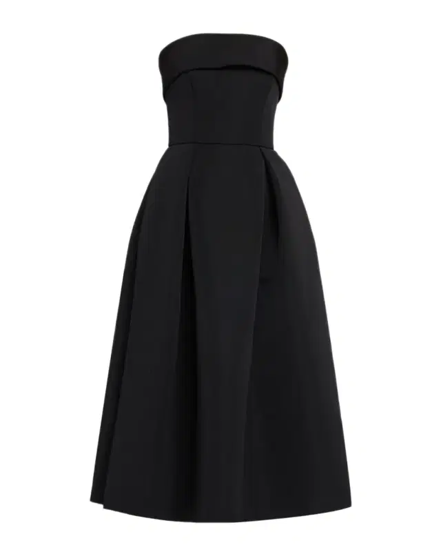 Amsale Foldover Strapless Faille Pleated Midi Dress