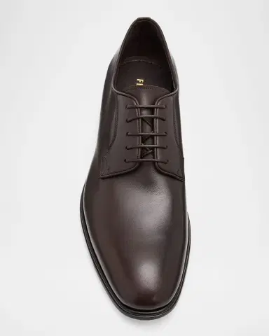 Ferragamo Men's Leather Almond-Toe Derby Shoes | Thumbnail 4