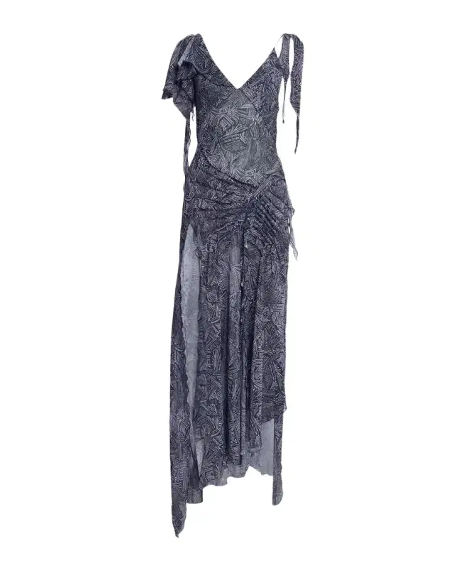 Tylena Abstract Silk Ruched Slit Maxi Dress