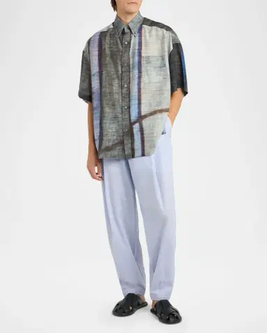 Giorgio Armani Men's Poplin Pleated Straight Leg Trousers | Thumbnail 2 Giorgio Armani Men's Poplin Pleated Straight Leg Trousers | Thumbnail 2