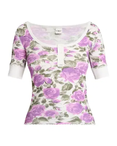 Chloé Floral Rib Short-Sleeve Henley Top | Thumbnail 1 Chloé Floral Rib Short-Sleeve Henley Top | Thumbnail 1
