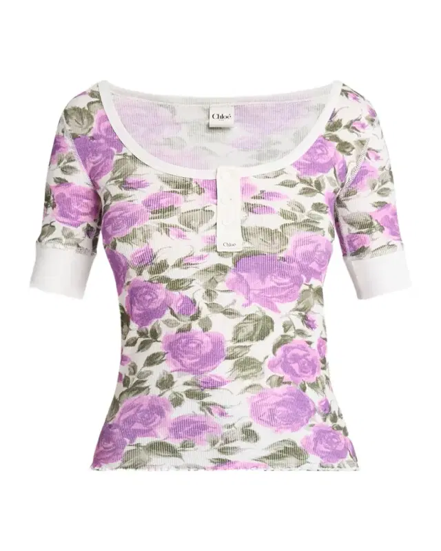 Chloe Floral Rib Short-Sleeve Henley Top