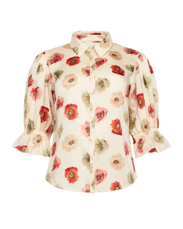 Floating Poppies Puff-Sleeve Silk Shirt