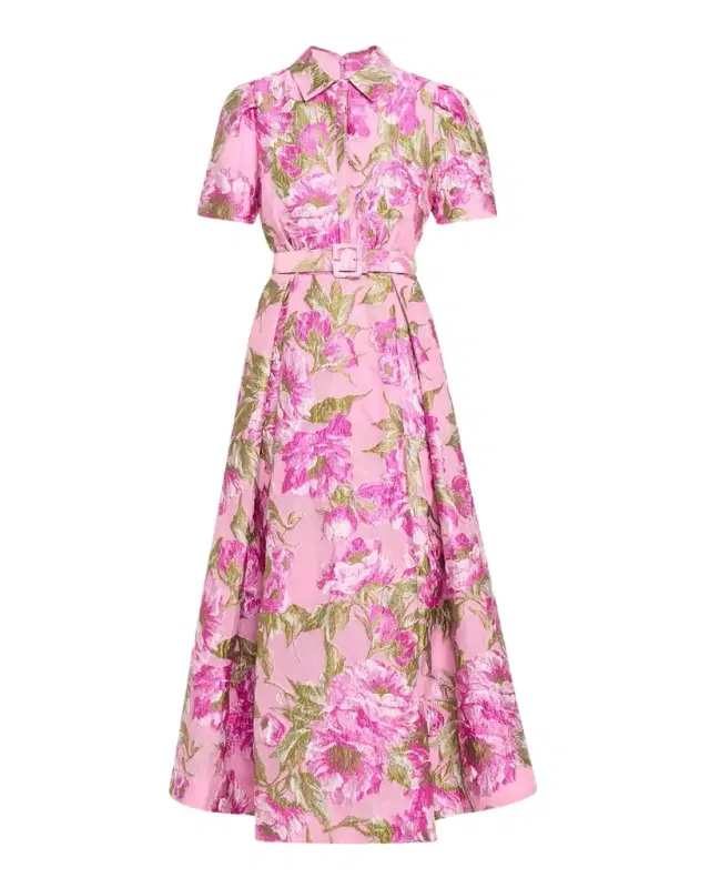 Theia Abba Belted Floral Jacquard Shirt Gown