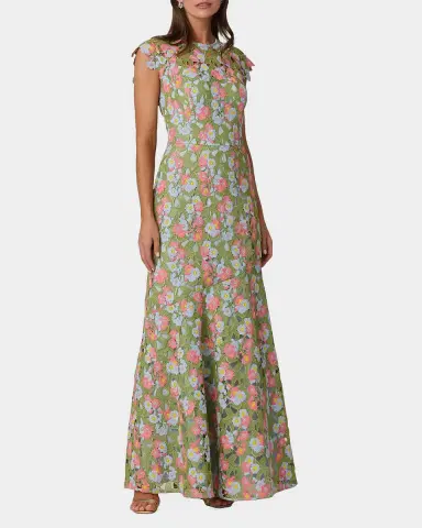 Shoshanna Raven Cap-Sleeve Floral Lace Gown | Thumbnail 2