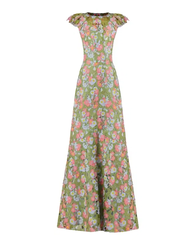 Raven Cap-Sleeve Floral Lace Gown