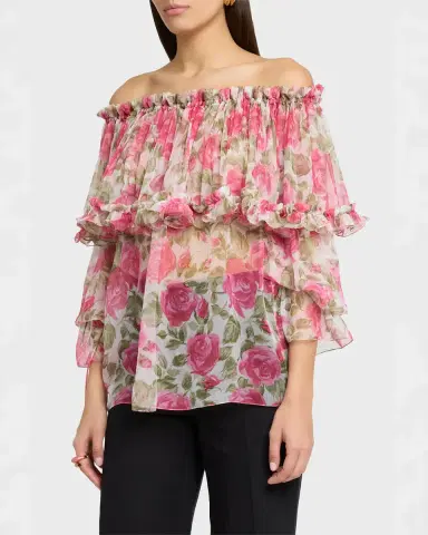 Chloé Floral Silk Off-The-Shoulder Ruffle Top | Thumbnail 4 Chloé Floral Silk Off-The-Shoulder Ruffle Top | Thumbnail 4