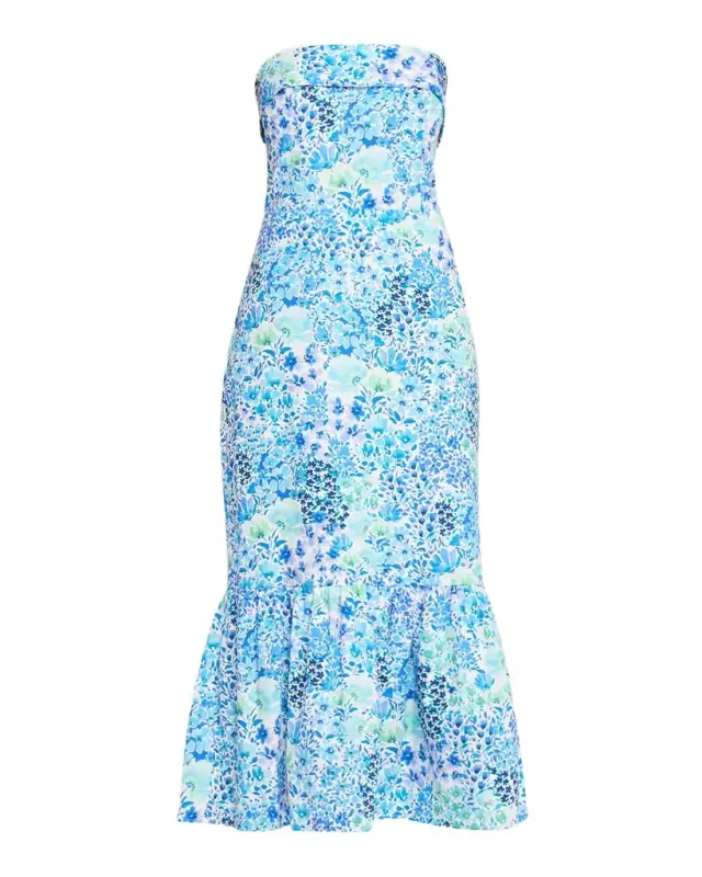 Wright Strapless Floral-Print Flounce Midi Dress