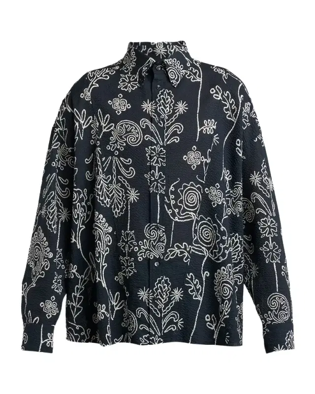 Men's Textured Cotton Linework Button-Down Shirt